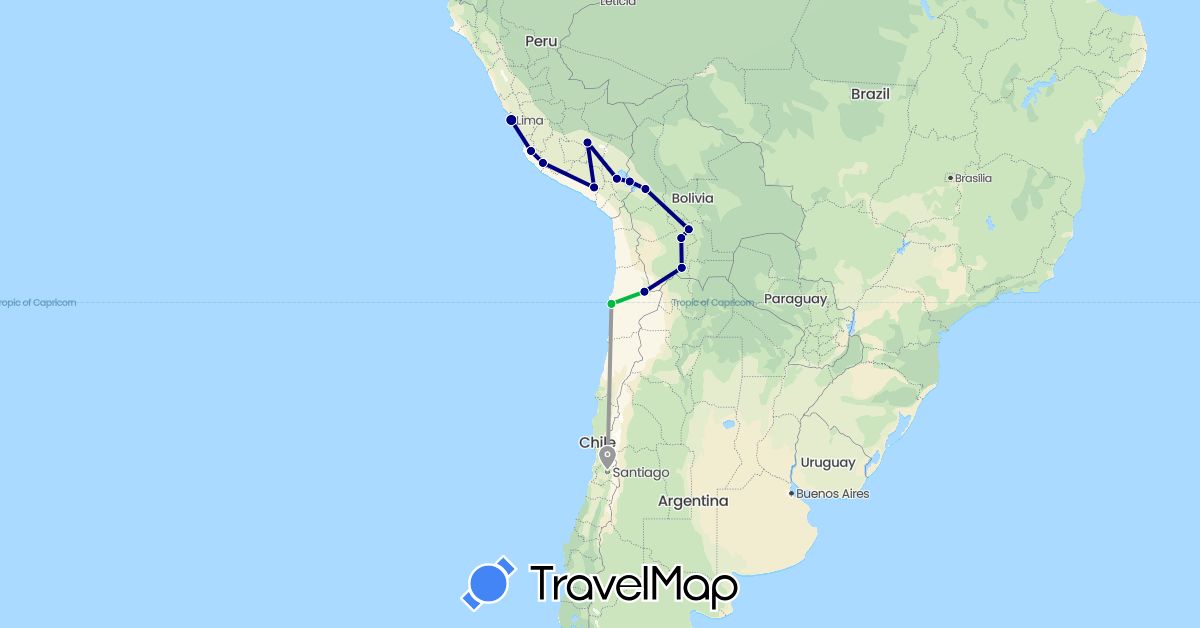 TravelMap itinerary: driving, bus, plane in Bolivia, Chile, Peru (South America)